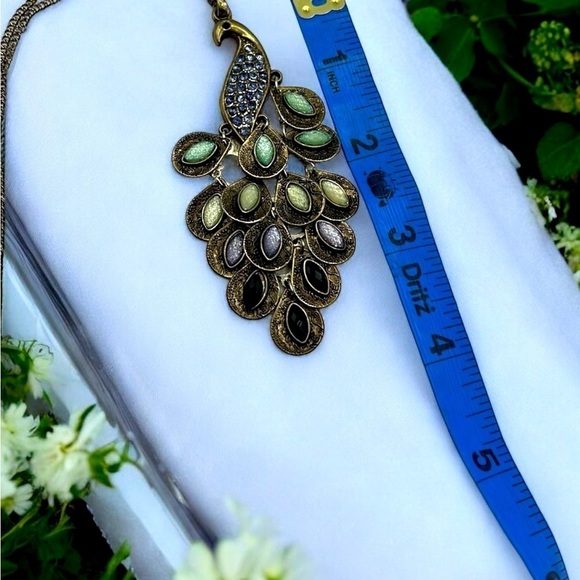 PEACOCK WATERFALL PENDANT ENAMEL RHINESTONES NECKLACE - Picture 4 of 4